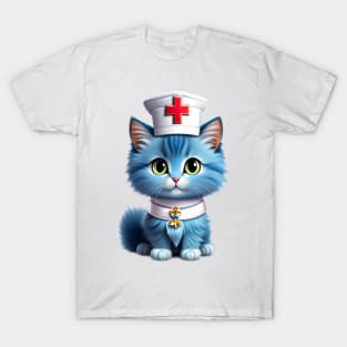 Whisker Wellness Wardrobe: Adorable Blue Kitten Nurse on Duty T-Shirt